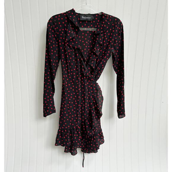 Réalisation Par Alexandra Black Silk Wrap Mini Dress Ruffle Hem Medium Polka Dot - Picture 3 of 12